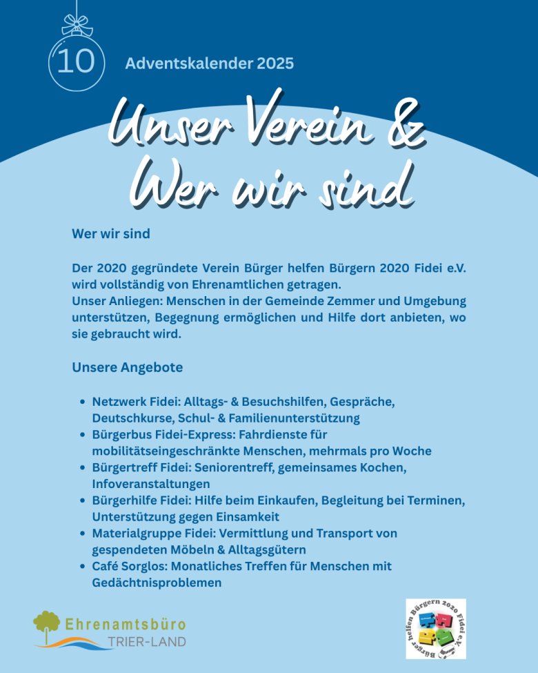 Kalenderfolie zum 10. Dezember mit blauem Hintergrund. Überschrift: Unser Verein & Wer wir sind. Darunter wird der Verein Bürger helfen Bürgern 2020 Fidei e.V. vorgestellt. In Stichpunkten sind die Angebote aufgelistet, darunter Besuchsdienste, Fahrdienste, Seniorentreff, Einkaufshilfen, Materialvermittlung und das Café Sorglos. Rechts unten befindet sich das Vereinslogo.