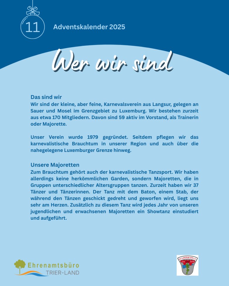 Adventskalenderseite Nummer 11. Überschrift „Wer wir sind“. Textblock beschreibt den Karnevalsverein aus Langsur, gegründet 1979, rund 170 Mitglieder. Fokus auf Majoretten in verschiedenen Altersgruppen und der Pflege karnevalistischen Brauchtums. Vereinslogo unten rechts.
