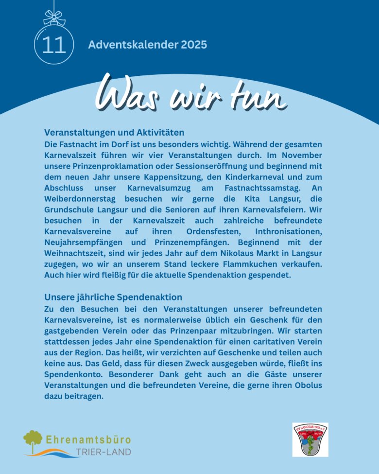 Adventskalenderseite Nummer 11. Überschrift „Was wir tun“. Text erläutert Veranstaltungen wie Prinzenproklamation, Kappensitzung, Kinderkarneval, Fastnachtssamstagszug, Besuche in Kita und Seniorenheim sowie jährliche Spendenaktionen. Vereinslogo unten rechts.