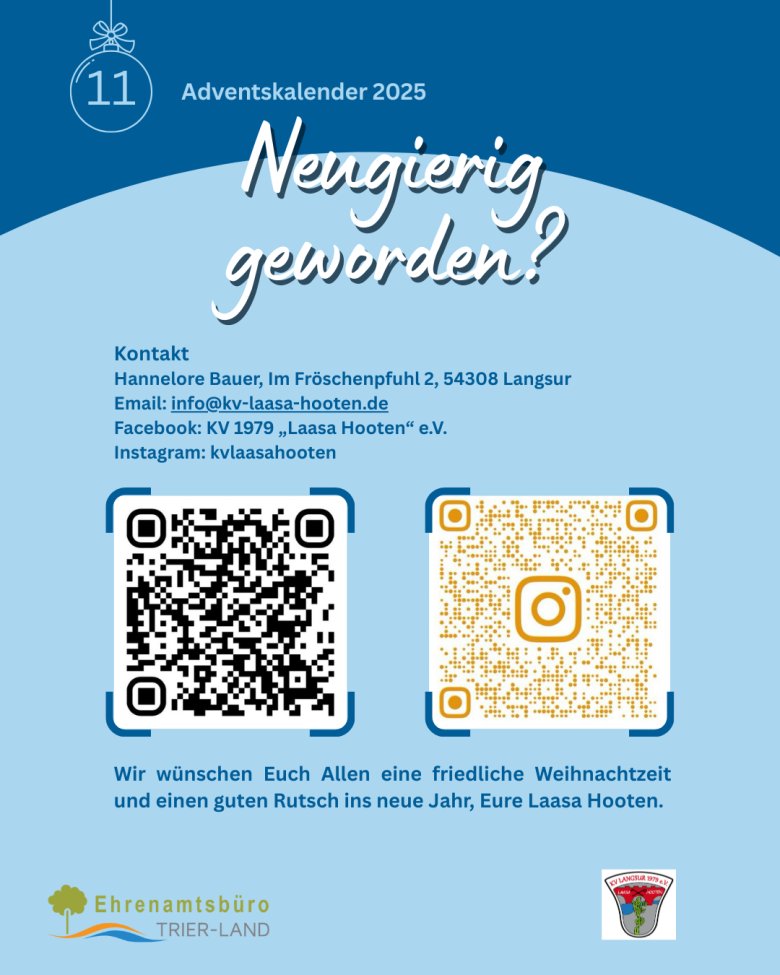 Adventskalenderseite Nummer 11. Überschrift „Neugierig geworden?“. Kontaktinfos, E-Mail-Adresse und Social-Media-Links des Vereins. Zwei QR-Codes für Website und Instagram. Abschließender Weihnachtsgruß des Vereins. Logos vom Ehrenamtsbüro Trier-Land und Vereinswappen.