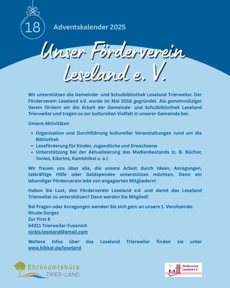 Adventskalender 2025, Türchen 18. Informationsseite über den Förderverein Leseland e. V. mit Text zur Unterstützung der Gemeinde- und Schulbibliothek Leseland Trierweiler, zu Aktivitäten wie Leseförderung und kulturellen Veranstaltungen sowie Kontakt- und Mitgliedschaftsinformationen.