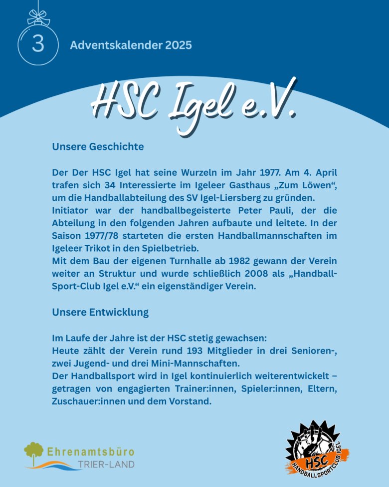 Grafik mit dem Titel ‚HSC Igel e.V.‘. Die Folie enthält Textabschnitte zur Geschichte des Handballvereins seit 1977 und zur Entwicklung des Vereins. Unten stehen die Logos des Ehrenamtsbüros und des HSC Igel.