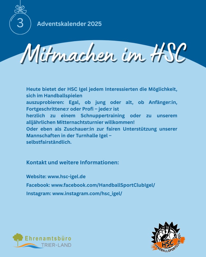 Grafik mit dem Titel ‚Mitmachen im HSC‘. Der Text erklärt, wie Interessierte am Training teilnehmen oder den Verein unterstützen können. Am Ende stehen die Kontakt- und Social-Media-Infos des Vereins.