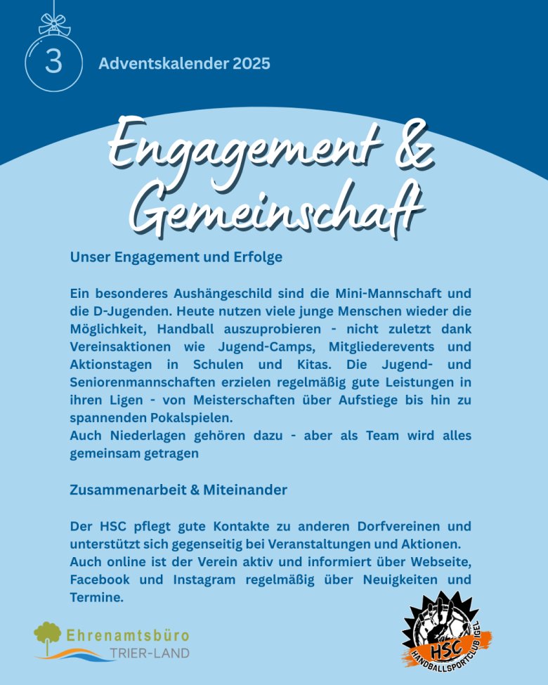 Grafik mit dem Titel ‚Engagement & Gemeinschaft‘. Die Folie beschreibt das Engagement des Vereins, Erfolge der Mannschaften sowie die Zusammenarbeit mit anderen Dorfvereinen. Unten sind die Vereins- und Ehrenamtslogos sichtbar.