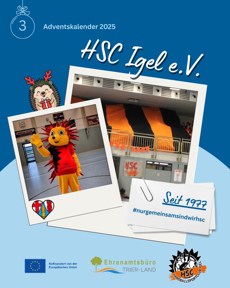 Titelbild zum Adventskalender-Türchen über den HSC Igel. Zwei Fotos zeigen das Vereinsmaskottchen und eine dekorierte Halle. Darunter steht ‚Seit 1977‘ und der Hashtag des Vereins.