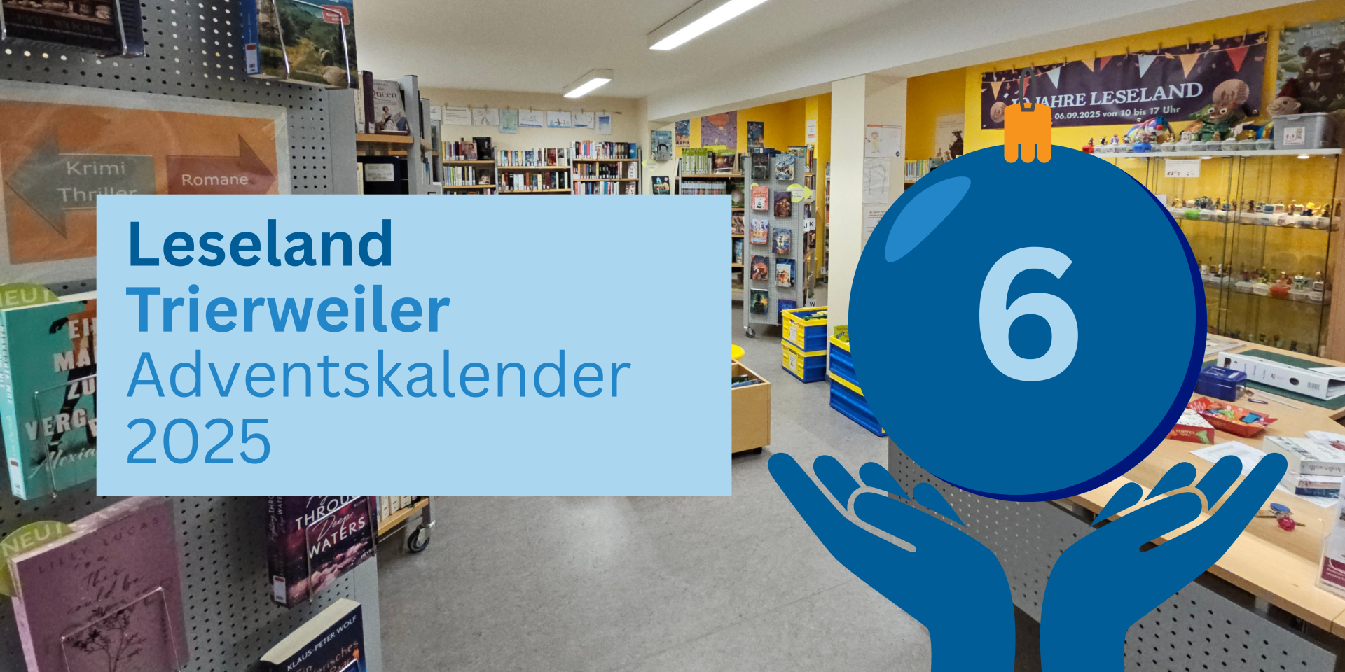 Titelgrafik 6. Türchen für das Leseland Trierweiler. ImHintergund ist ein Foto von der Bibliothek abgebildet. 