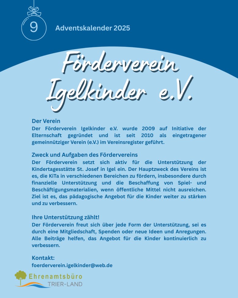 Informationsfolie zum Förderverein Igelkinder e.V. Der Text beschreibt die Gründung im Jahr 2009, die Anerkennung als gemeinnütziger Verein und seine Hauptaufgabe: die Unterstützung der Kita St. Josef durch finanzielle Hilfe, Anschaffung von Materialien und Förderung pädagogischer Projekte. Am unteren Rand befinden sich Logos des Ehrenamtsbüros Trier-Land.
