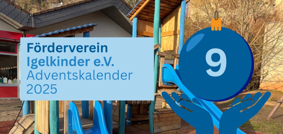 Titelbild zum 9. Türchen den Adventskalenders. Mit einer blauen ugel auf der rechten Seite mit einer 9 und links dem Texxt "Förderverein Igelkinder e.V. Adventskalender 2025" 
